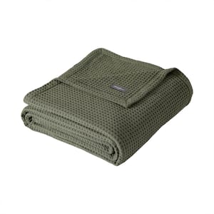 EB Solid Green Cotton Twin Waffle Blanket