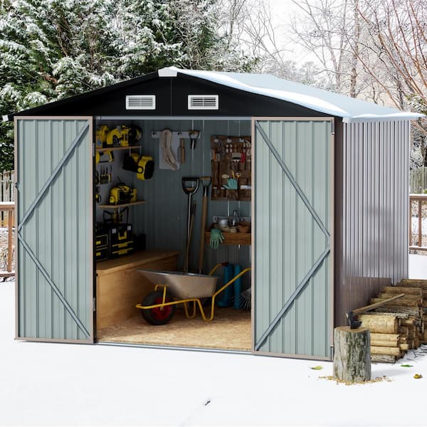 8 ft. W x 6 ft. D Brown Metal Storage Shed with Metal Base Frame Floor, Lockable Door and Vents for Garden (48 sq. ft. )