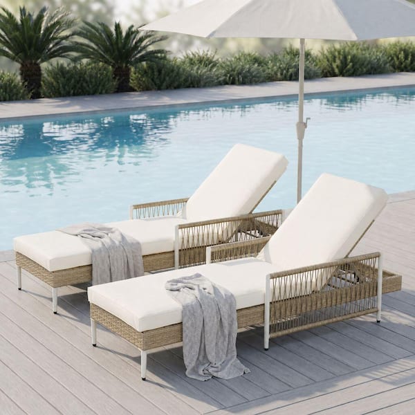Beige 2-Piece All-Weather PE Rattan Outdoor Chaise Lounge with 6 Gear Adjustable Recliner, Arms and Cushion