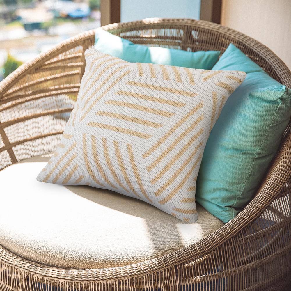 Tan and White Geometric Striped Cotton Square Throw Pillow
