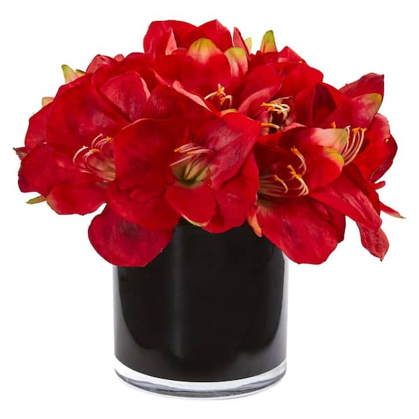 Nearly Natural Indoor Amaryllis Artificial Arrangement in Glossy Cylinder