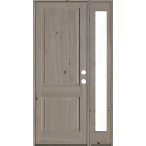 50 in. x 96 in. Rustic Knotty Alder Square Top Left-Hand/Inswing Glass Grey Stain Wood Prehung Front Door with RFSL