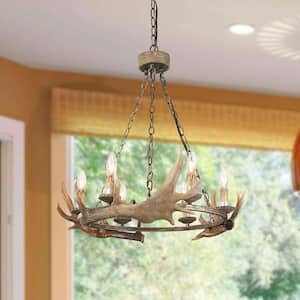 Farmhouse Rustic Brown Wagon Wheel Candlestick Chandelier Handcrafted Antler 6-Light Pendant Light for Christmas Light