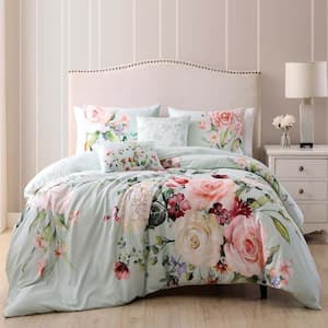 Rose on Misty Green 100% Cotton 230 Thread Count 5-Piece Reversible Comforter Set