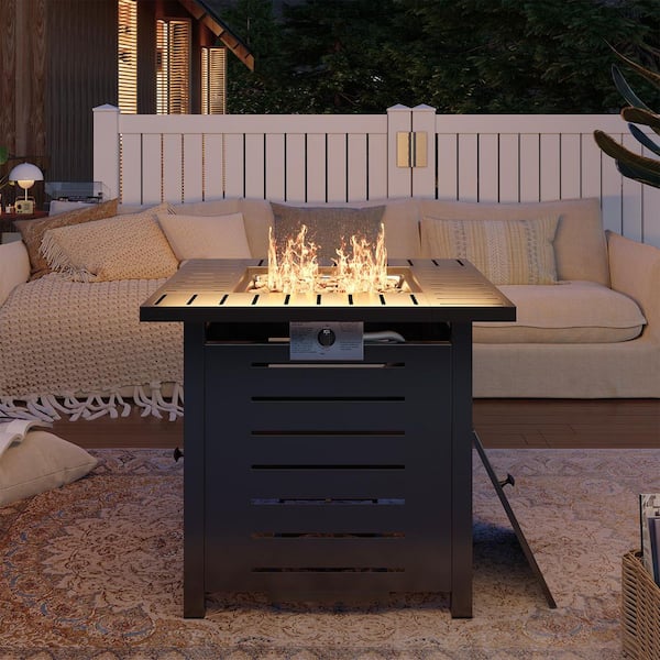 28 in. 50,000 BTU Square Outdoor Propane Gas Metal Fire Pit Table with Lava Rocks and Water-Resistant Cover