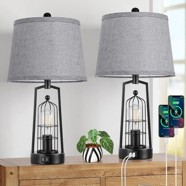 22 in. Set of 2 Farmhouse Table Lamps with 2 USB Ports, Black