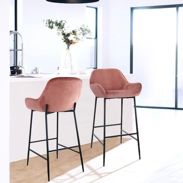 2 Piece 35 in. Velvet Bar Stool in Pink with Black Metal Legs
