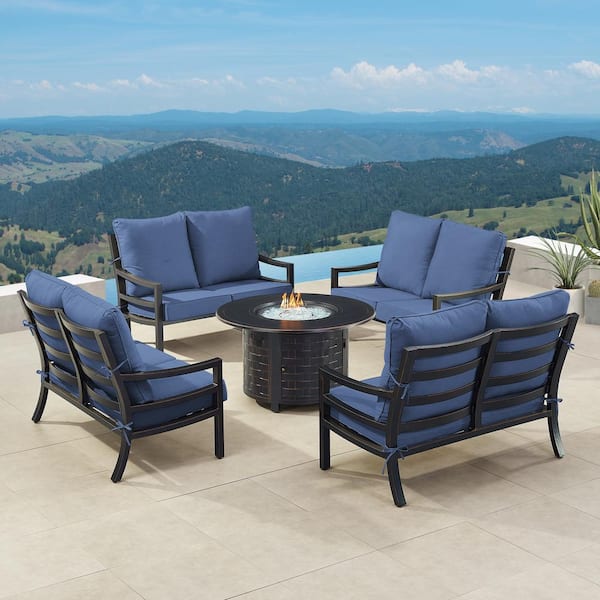 Oakland Living Black 7-Piece Aluminum Patio Fire Pit with 4-Deep Seating Loveseat Blue Cushions