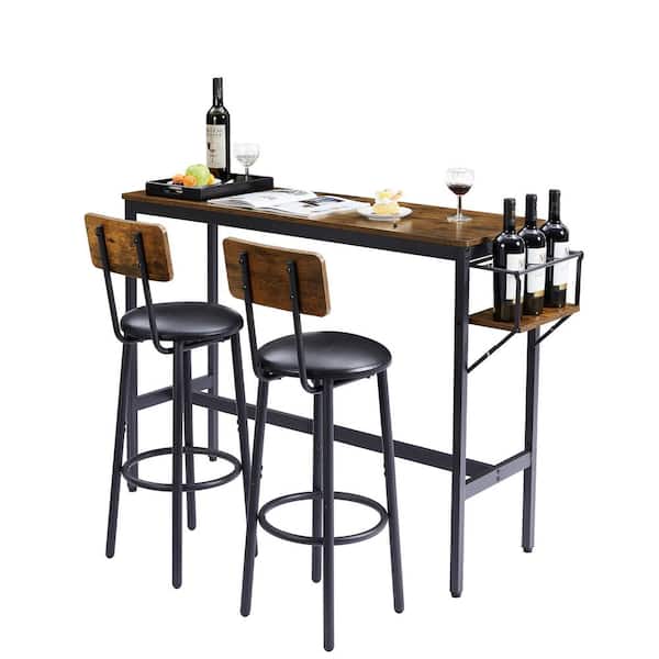 FUNKOL Bar table 3-piece set with bottle storage rack, Rustic Brown PU upholstery, Particle Board