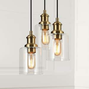 3-Light Modern Black Round Chandelier, Transitional Brass Gold Hanging Pendant with Clear Cylinder Glass Shade