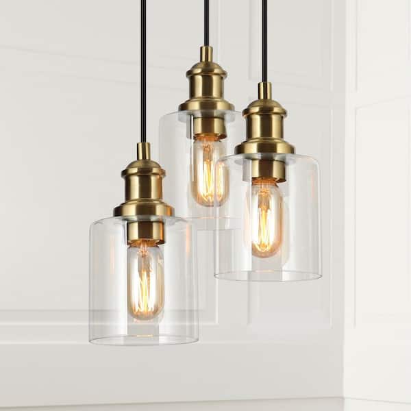 Zevni 3-Light Modern Black Round Chandelier, Transitional Brass Gold Hanging Pendant with Clear Cylinder Glass Shade