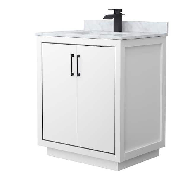 Wyndham Collection Icon 30 in. W x 22 in. D x 35 in. H Single Bath Vanity in White with White Carrara Marble Top