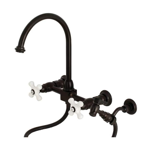 Kingston Brass Restoration 2-Handle Wall-Mount Standard Kitchen Faucet with Side Sprayer in Oil Rubbed Bronze