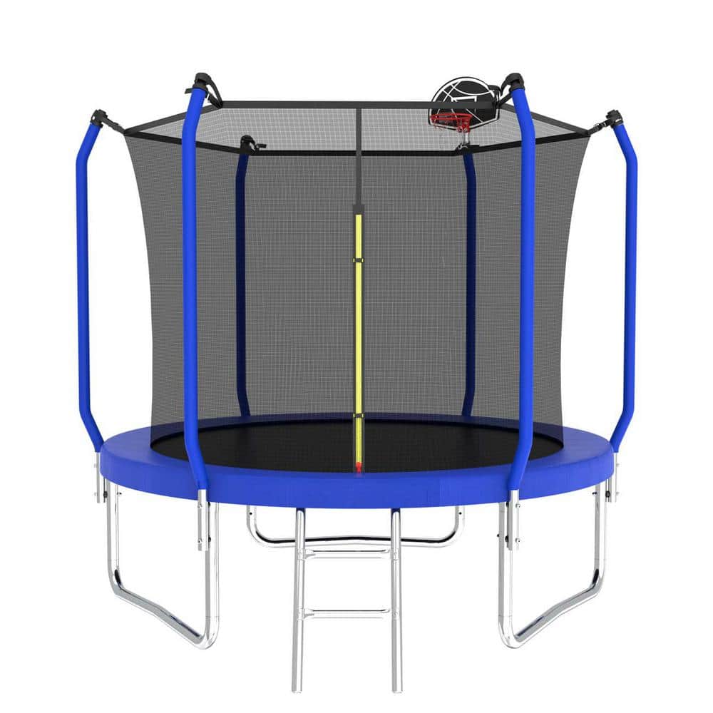 Blue 10FT Round Trampoline with Enclosure and Basketball Hoop