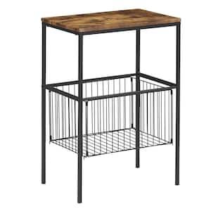 Versatile Side End Table 31" Tall Shelf Storage Organizer with Foldable Basket Industrial Metal Frame, Brown
