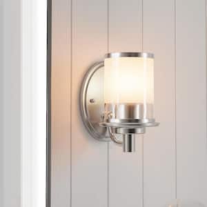 Truitt 5 in. 1-Light Brushed Nickel Transitional Wall Mount Sconce Light with Frosted and Clear Edge Glass Shade