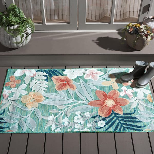 Cabana Green/Rust 3 ft. x 3 ft. High-Low Floral Leaf Indoor/Outdoor Square Area Rug
