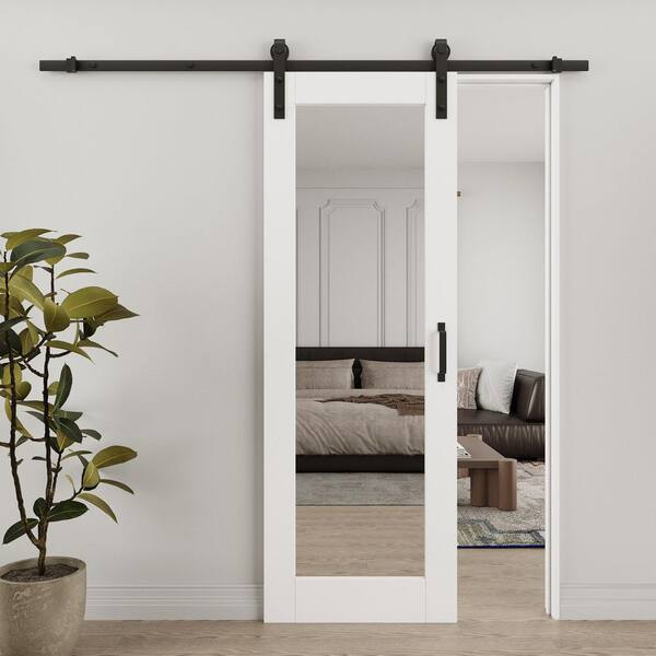 28 in. x 80 in. 1-Lite Mirrored Glass White Primed MDF Wood Sliding Barn Door with Hardware Kit