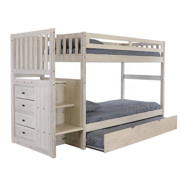 OS Home and Office Furniture Light Ash Twin Over Twin Staircase Bunkbed with 4-Drawers and Trundle