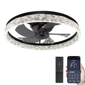 19.68 in. LED Indoor Black Crystal Flush Mount Ceiling Fan with Light Dimmable for Low Profile Bedroom