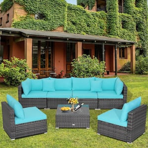 7-Piece Wicker Outdoor Patio Rattan Sectional Sofa Set Furniture Set with Turquoise Cushions