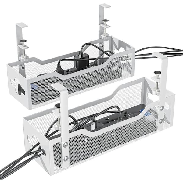 13.38 in. Modern Metal Under Desk Cable Management Tray, Elegant Cord Organizer with Clamp Mount, 2-Pack, White