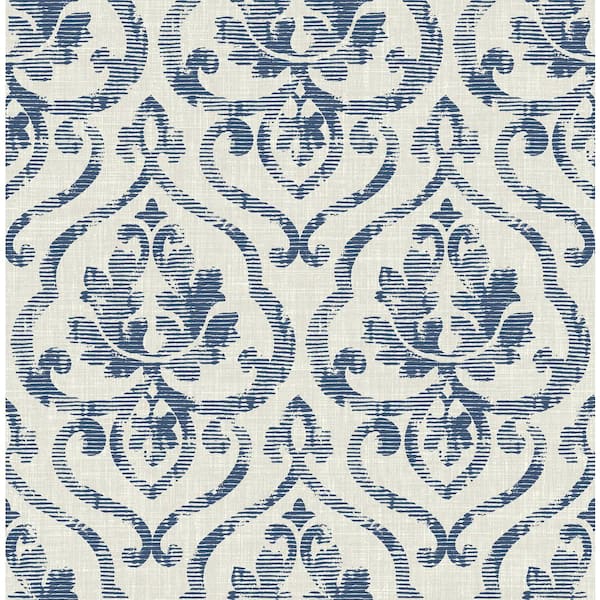 Seabrook Designs Tamarack Rustic Damask Metallic Silver Navy Paper Strippable Roll Covers