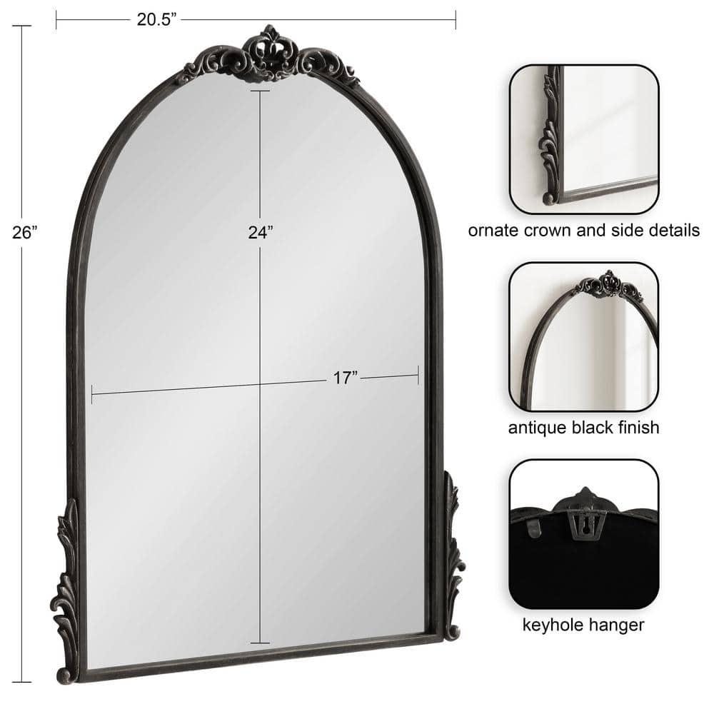 Myrcelle Antique Black Arched Wall Mirror with Ornate Garland Details