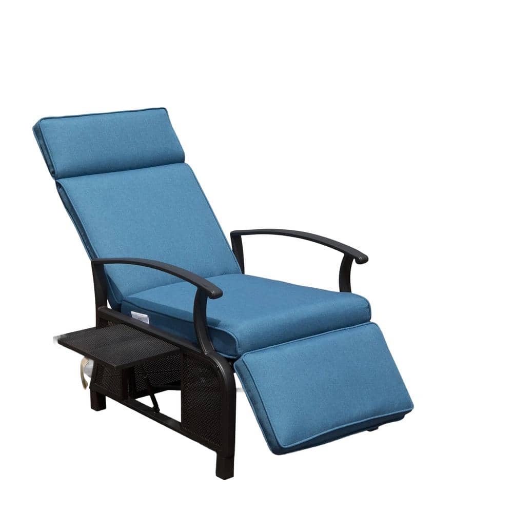 Blue 1 Piece Metal Outdoor Recliner Without Sunshade with Blue Cushion