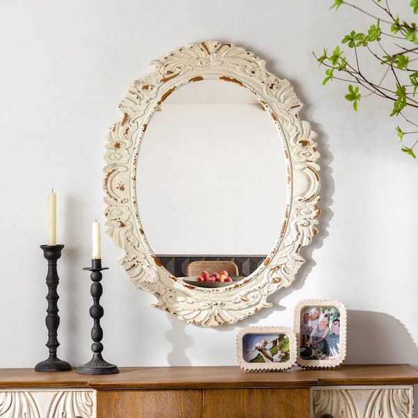 Elevatehome 26 in. W x 34 in. H Antiqued White Baroque Oval Framed Wall Bathroom Vanity Mirror