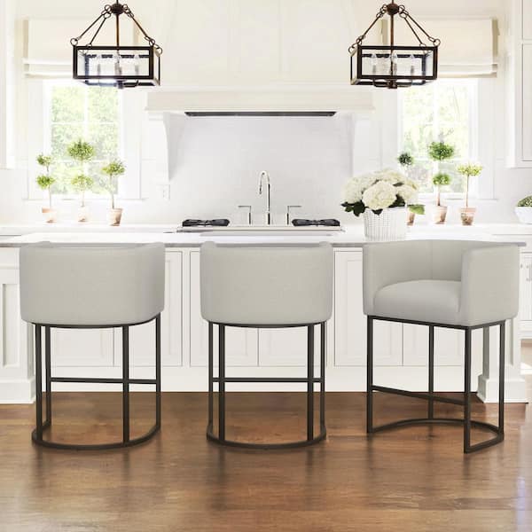 LUE BONA 26 in.Cream-Grey and Black Low Back Bar Stool with Metal Frame Counter Height Linen Upholstered Counter Stool Set of 3