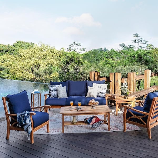 Cambridge Casual Abbington Teak Wood 5 Piece Patio Conversation Set with Navy Cushion