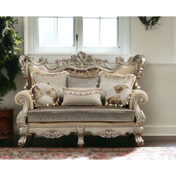 HomeRoots 72 in. Cream Pattern Faux Leather 2-Seater Loveseat