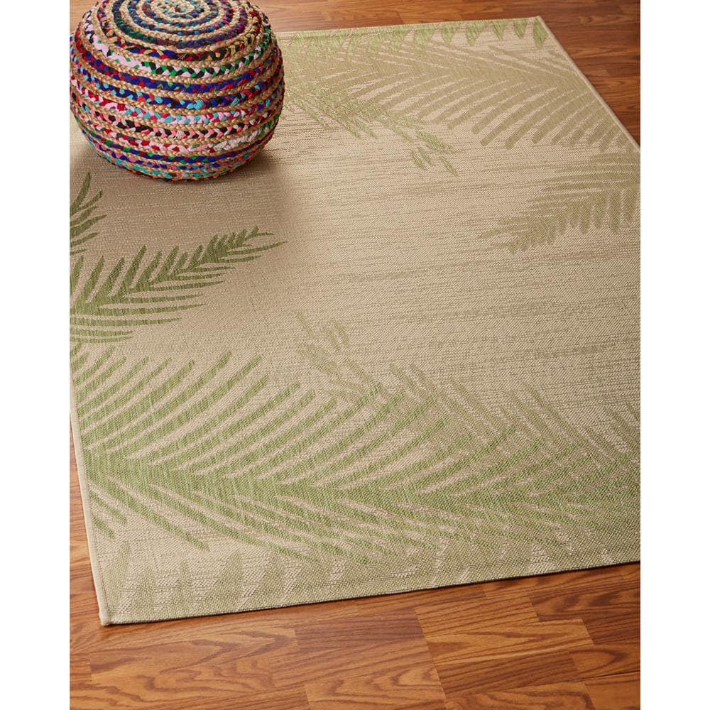 Beige and Green Tropical Palm Flat Woven Synthetic Area Rug