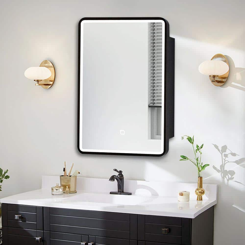 24 in. W x 30 in. H Rectangular Black Framed Iron Medicine Cabinet with ...