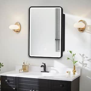 24 in. W x 30 in. H Rectangular Black Framed Iron Medicine Cabinet with Mirror Anti-fog Function and 3 Colors Light