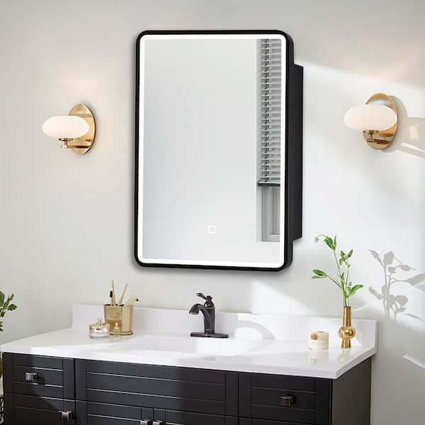Unbranded 24 in. W x 30 in. H Rectangular Black Framed Iron Medicine Cabinet with Mirror Anti-fog Function and 3 Colors Light