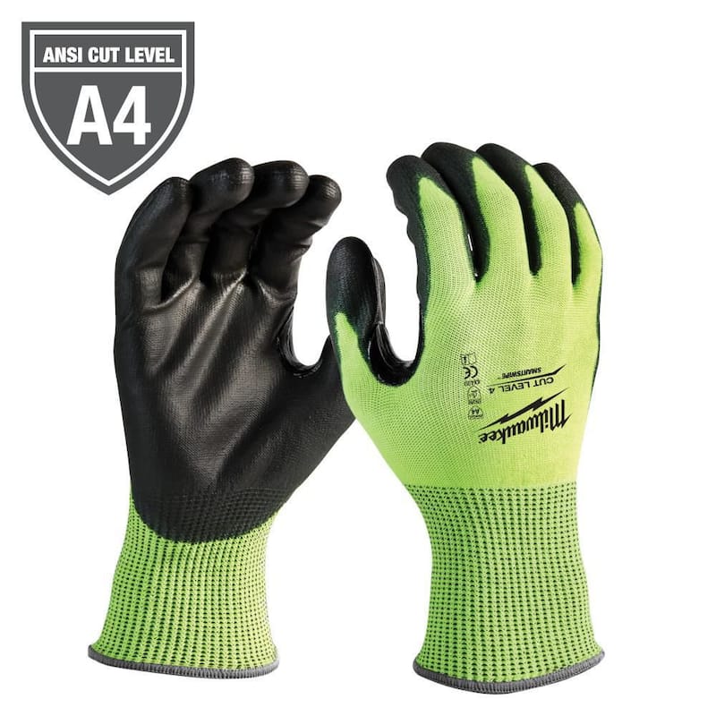 Medium High Visibility Level 4 Cut Resistant Polyurethane Dipped Work Gloves