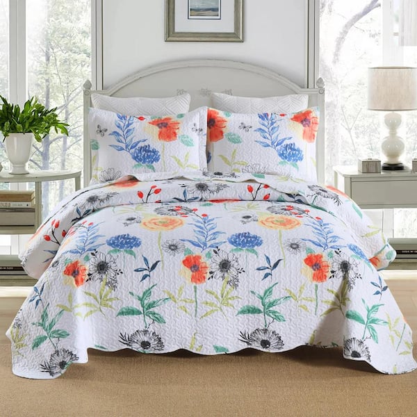 BY209 Printed White Floral King Polyester Quilt Bedspread Set