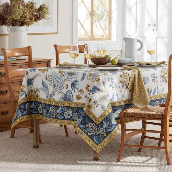 Company Cotton Flora 70 in. W x 90 in. L Blue Floral Cotton Tablecloth