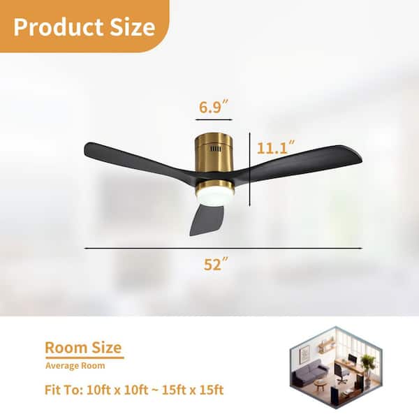 52 in. Integrated LED Indoor Flush Mount Matte Black Standard Ceiling Fan with Dimmable Light and Remote DC Motor