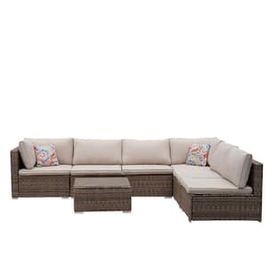 7-Piece All-Weather PE Brown Rattan Wicker Outdoor Sofa Sectional Set with Beige Cushions