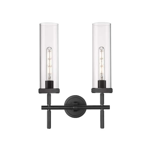 Innovations Lincoln 13.88 in. 2-Light Matte Black Vanity Light with Glass Shade
