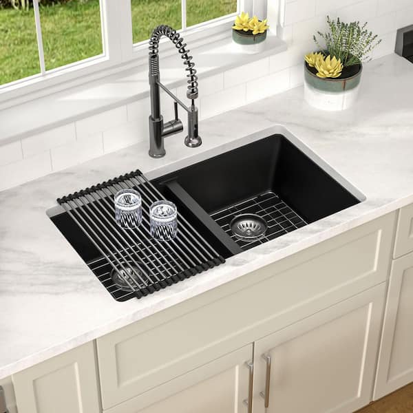 33" Matte Black Quartz Granite Composite 50/50 Split Double Bowl Undermount Kitchen Sink, Deep Basin