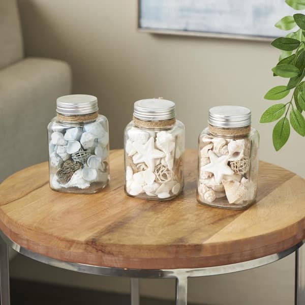 Litton Lane Clear Glass Orbs and Vase Filler with Various Cream and Blue Seashells and Jute Rope Accents (3-Pack)