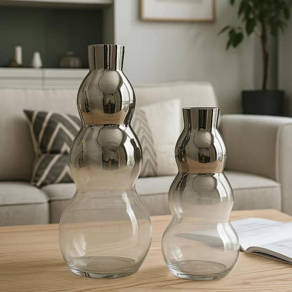 Silver 20 in. and 16 in. Decorative Bubble Glass Vase (Set of 2)