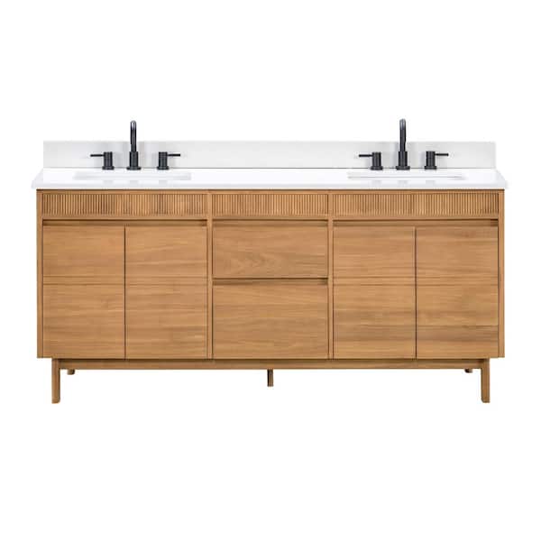 Kayla 73 in. Double Sink Natural Teak Bath Vanity with White Engineered Stone Top