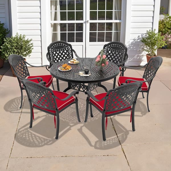 Willit Isabella Black 7-Piece Cast Aluminum Outdoor Dining Set with Round Table and Dining Chairs with Red Cushion