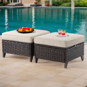Wicker Outdoor Patio Ottoman with Baby Beige Cushions (Set of 2)