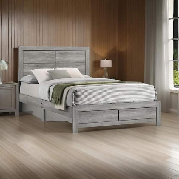 Benjara Brown Wood Frame Queen Platform Bed with Tufted Black Upholstery
